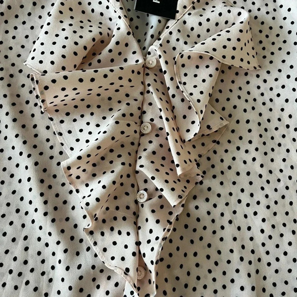 Karl Lagerfeld Pink Black Polka Dot Ruffle Sleeve Blouse - Picture 3 of 7